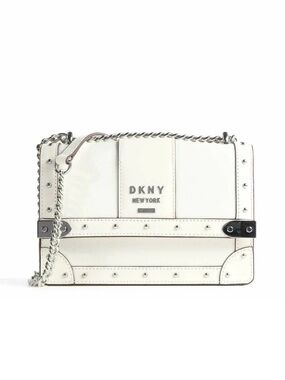 DKNY White Studded Chain Crossbody Bag with Silver Accents